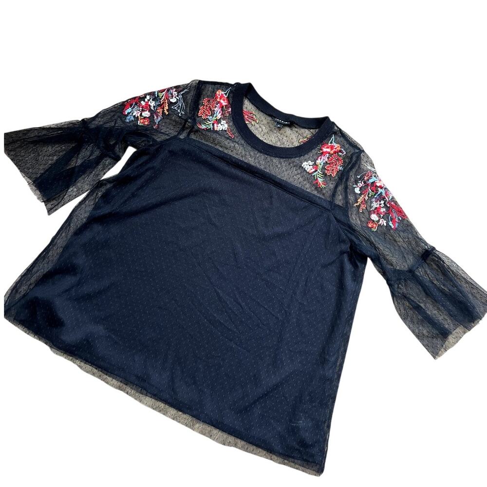 Torrid 0 (L 12) Black Embroidered Elbow Length Bell Sleeve Top, Women's L